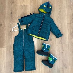 Carter’s Dino Green Dino Snowbib and  Ski Jacket. Cat & Jack snow Boots.